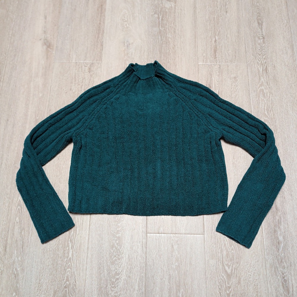 American Eagle Green Mock Neck Ribbed Cropped‎ Sweater Womens Large Long Sleeve